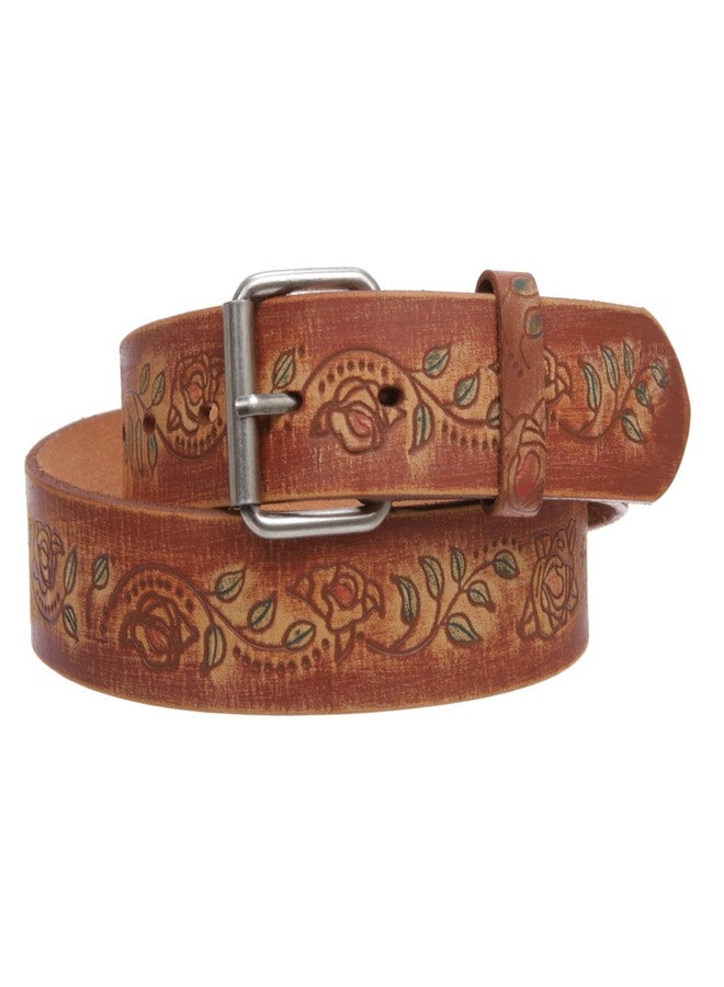 Beltiscool 1 1/2" Snap On Floral Tree Engraving Oil Tanned Vintage Full Grain Leather Belt, Tan | 30" - Image 2